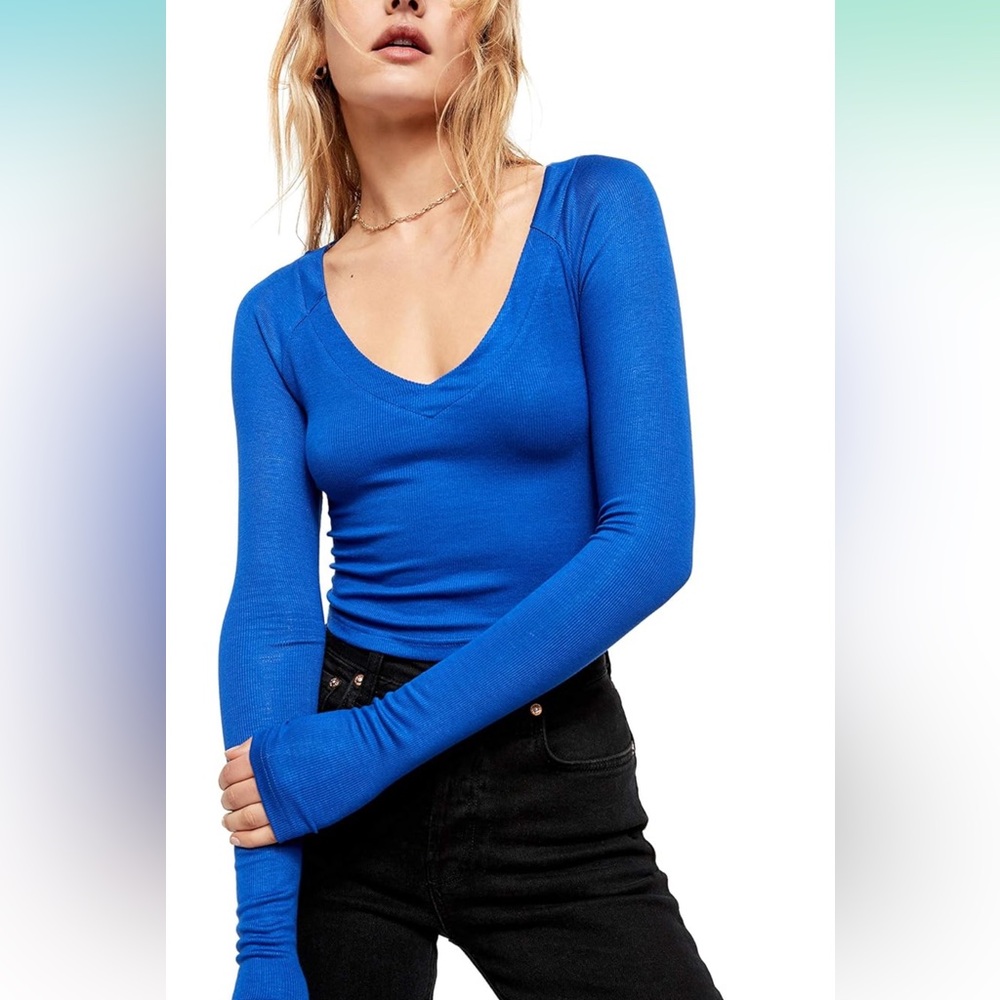 Free People Dual Velvet Tie Back Straps Long Sleeve Women's Top L NWT Blue  -J